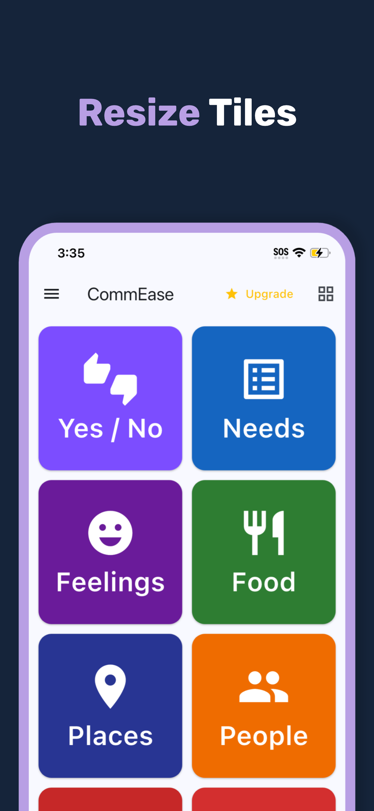 CommEase home screen with large category tiles: Yes/No, Needs, Feelings, Food, Places and People